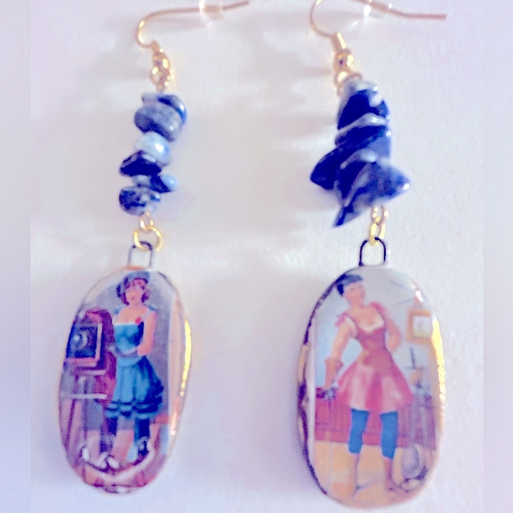 Earrings NWOT Artisan Naughty Victorian Ladies Ceramic Sodalite stone 3” pierced - Picture 5 of 11